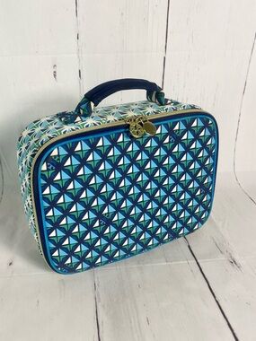 Tory Burch Blue Geometric Print insulated lunchbox with gold zipper